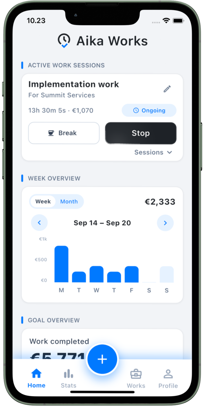Aika Works job timer and tracked hours screen